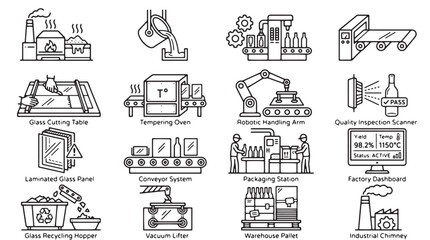 Obraz premium Industrial glass manufacturing icons set, 16 thin line vector illustrations of factory production machinery, glass processing and recycling equipment