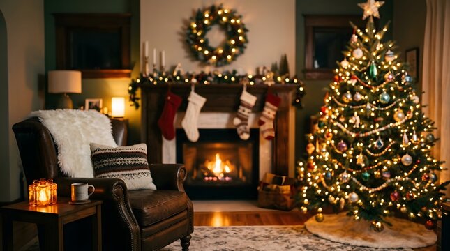 Christmas tree and fireplace in a cozy living room