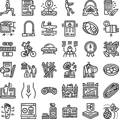 Fototapeta premium Minimalist outline icon set featuring diverse everyday objects, activities and concepts in clean black lines on white versatile vector symbols for web, apps and print design