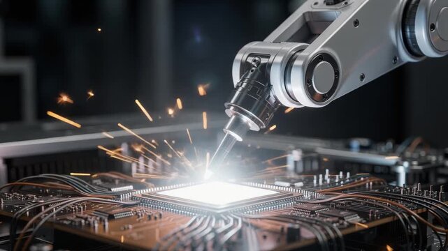 Precision Robotic Arm Assembling Microchip in High-Tech Lab: Future Innovation and Automation