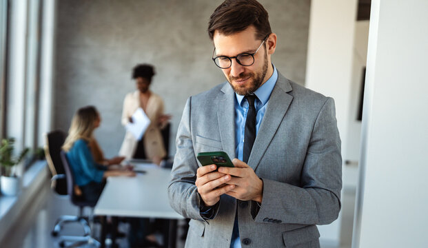 Successful lawyer in business suit smiling confidently, representing legal advice, law expertise