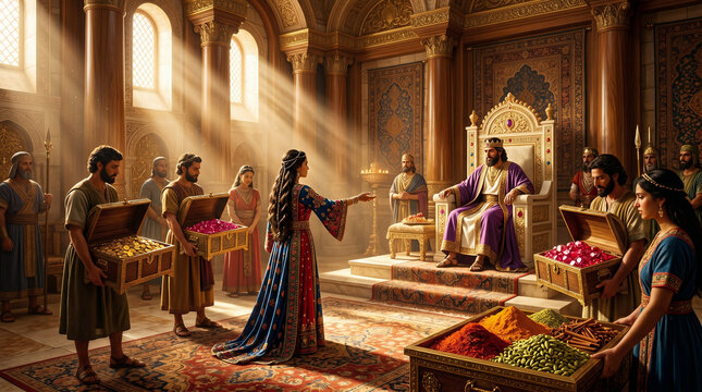 The Queen of Sheba presenting a stunning array of exotic spices, gold, and precious stones to King Solomon in his grand palace