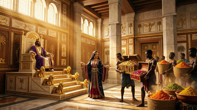 The Queen of Sheba presenting a stunning array of exotic spices, gold, and precious stones to King Solomon in his grand palace