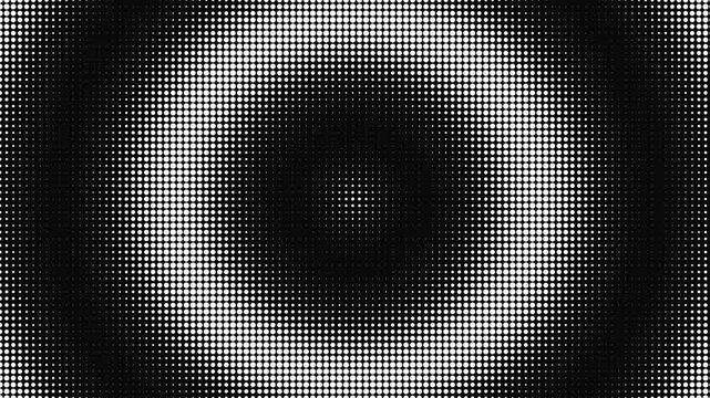 Halftone concentric circles expanding pattern with pixelated dot grid motion on black background for retro comic book transition effect