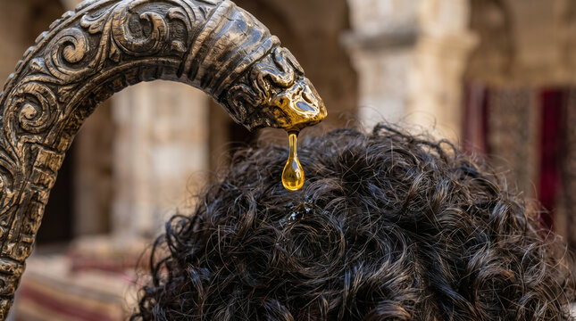 The prophet Samuel pouring a horn of anointing oil over the head of the young shepherd boy David, chosen to be king