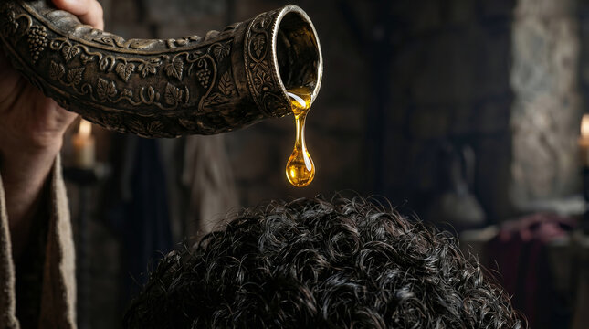 The prophet Samuel pouring a horn of anointing oil over the head of the young shepherd boy David, chosen to be king