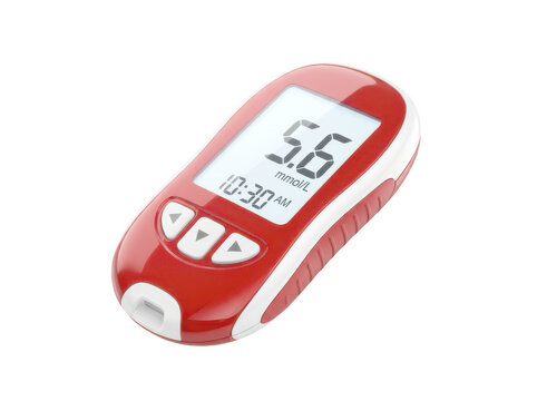 Red digital blood glucose monitor showing measurement