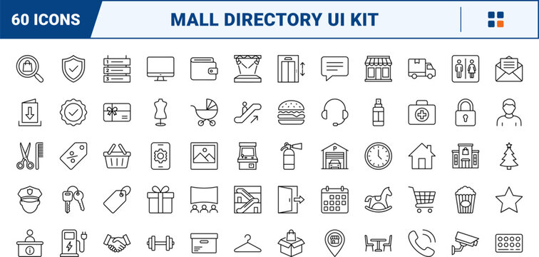 Shopping mall website kit line icon set. Vector pictograms of retail, center, commercial, and store elements, thin linear illustration.