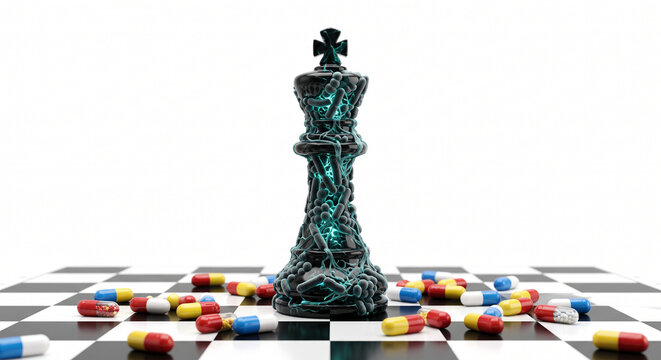 Creative biomedical illustration representing antibiotic-resistant bacteria as the winning king in a chess game, symbolizing the strategic survival of superbugs against antibiotic treatment
