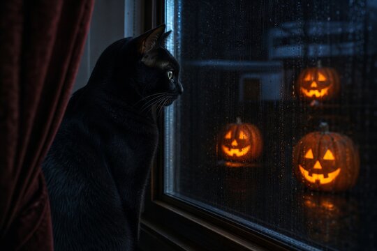 Black cat looking out rainy window at glowing jack o lantern pumpkin. Halloween suspense and scary atmosphere. Spooky autumn night concept