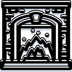 Obraz premium Minimalist black and white graphic illustration depicting a cozy fireplace with a robust stone mantel and an arched opening, featuring animated flames for warmth and comfort