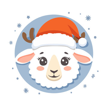Cute sheep face with reindeer antlers and Santa hat