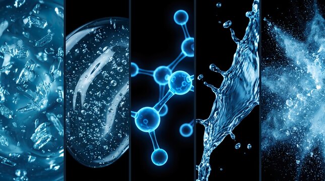 Conceptual split-screen collage showing five different macro textures of hydrating cosmetic ingredients: gel with bubbles, water splash, mist, and 3D molecules. Advanced skincare, dermatology concept