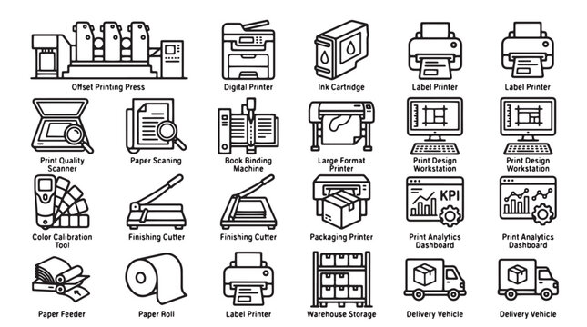 Professional printing industry icons set, commercial offset press and digital printer equipment, 20 vector line icons for print shop services
