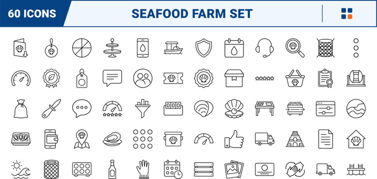 Complete oyster farm website line icon set. Vector pictograms of aquaculture, seafood, shucking, and knife elements, thin linear illustration.