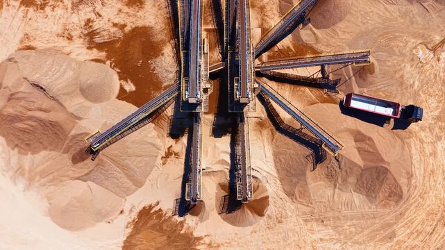 Overhead shot of conveyor belts in sand quarry. High angle view of sorting machinery, sand piles and dump truck.