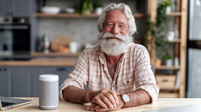 Active senior man using a smart home voice assistant in a modern kitchen, highlighting independent living, accessibility, and everyday technology