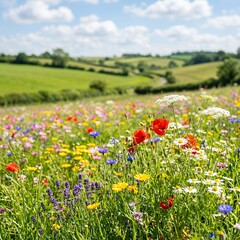 Obraz premium Vibrant Wildflower Meadow in Rolling Green Countryside Under a Blue Sky.