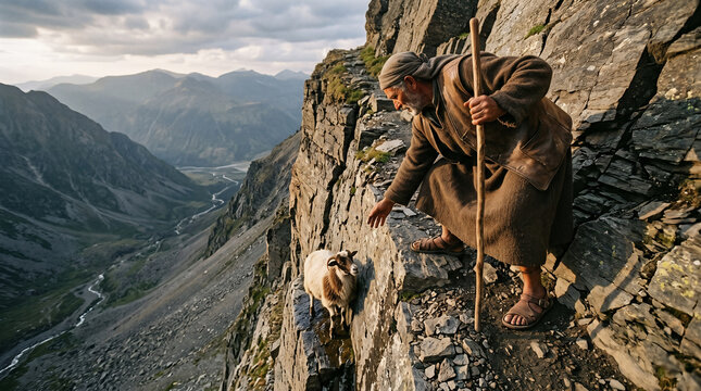 The Parable of the Lost Sheep. A dedicated shepherd climbing dangerous, rocky crags to rescue one single lost sheep
