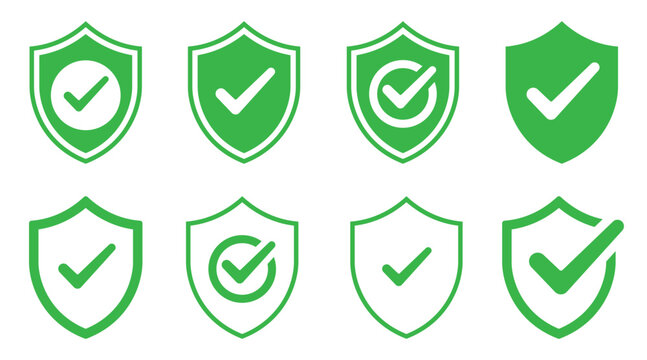 Shield with check mark icon set. Security, protection, approve, checkmark, tick, accept, shield icon vector