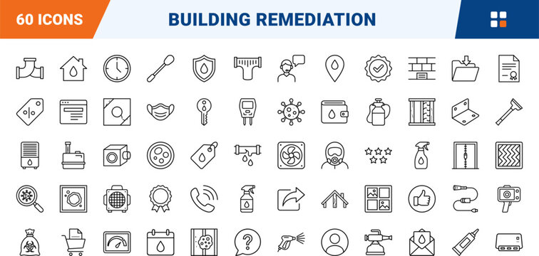 Building remediation line icon set. Vector pictograms of sanitation, inspection, restoration, and equipment elements, thin linear illustration.