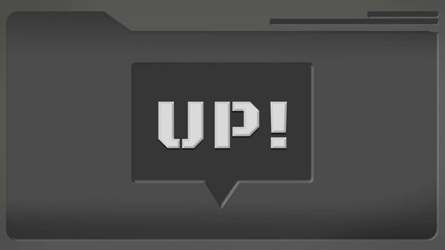 Folder icon displays the word UP in a minimalist dark grey interface design for digital navigation.