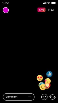 Black Screen Vertical App Mockup for Live Broadcasting with 30-Second Progress Bar and Like Animations