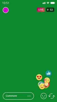 Smartphone Live Broadcast Interface Template featuring Animated Engagement Metrics and Time Bar on Chroma Key
