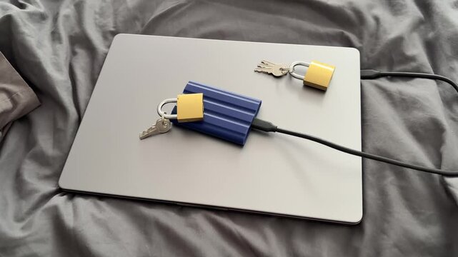 Laptop With External SSD Padlocks and Keys for Cyber Security Concept