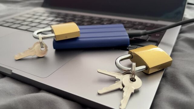 External SSD and Padlocks on Laptop for Secure Data Storage