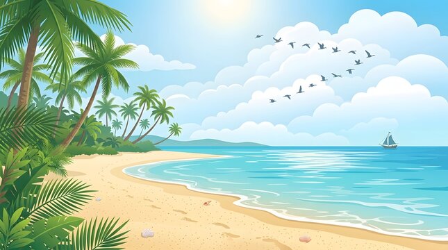 Tropical beach vector illustration with palm trees, turquoise ocean water, white sand, fluffy clouds, and a distant sailboat under a sunny sky
