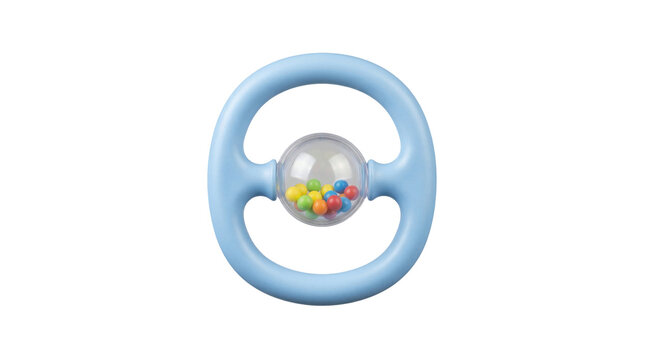 Light blue plastic baby teething ring features a clear sphere filled with colorful small balls for sensory stimulation and infant development.