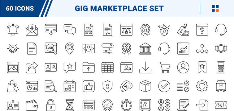 Freelance marketplace line icon set. Vector pictograms of remote, work, gig, and economy elements, thin linear illustration.