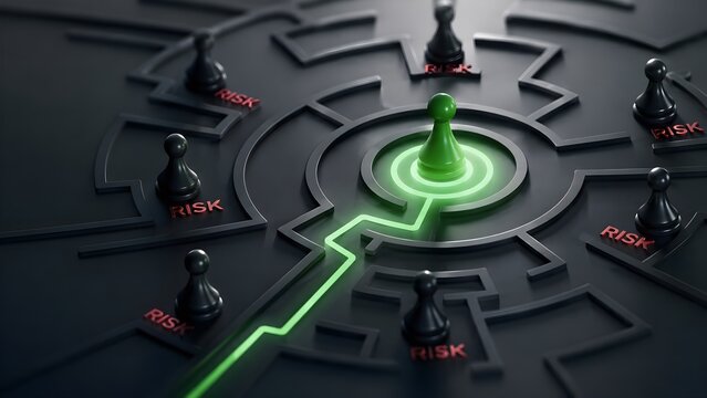 Risk management business strategy concept with green pawn navigating dark labyrinth and avoiding red danger obstacles