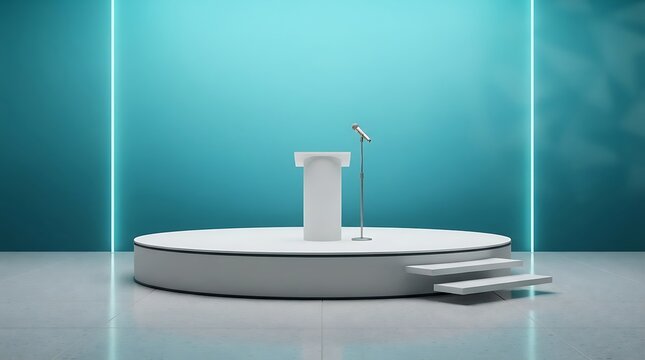 Empty white podium with microphone on a circular stage against a vibrant teal background with glowing neon lights, ready for a presentation or speech.