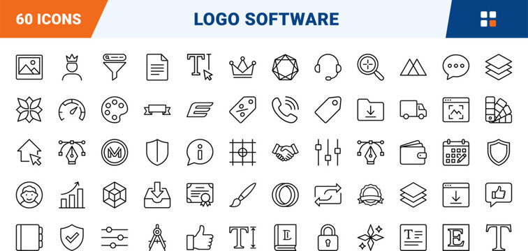 Design line icon set. Vector pictograms of maker, branding, kit, and font elements, thin linear illustration.