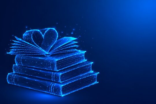 A stack of books with a heart-shaped open pages digital art design glowing in deep blue light. national book lovers day literature knowledge education particle. national book lovers day