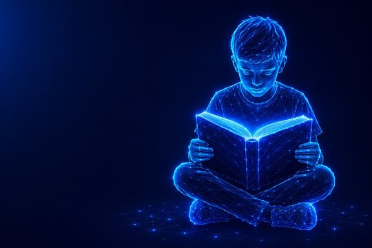 Digital illustration of a young boy reading a glowing book concept of education technology and knowledge. national book lovers day education knowledge. national book lovers day