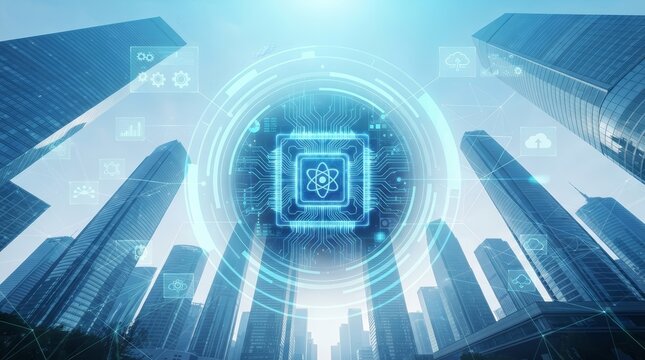 Revolutionary quantum computer processor architecture and future technology concept.