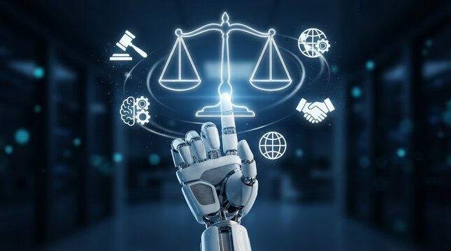 A robotic hand holding a digital scale of justice surrounded by artificial intelligence and law icons.