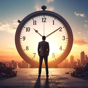 Clock tower at sunset with city skyline backdrop.