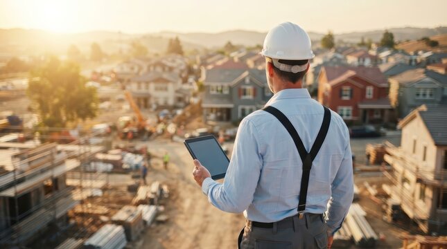 Architect in a hard hat holding a tablet computer while viewing a new houses construction site.