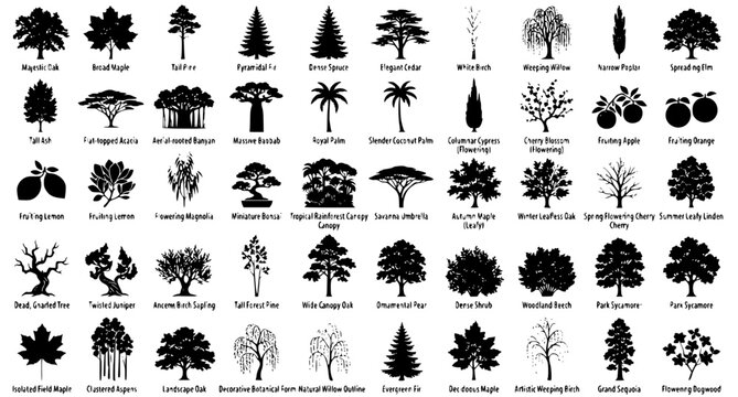 Comprehensive Green Tree Species Silhouette Icon Set Featuring Maple, Oak, Palm, Pine, and Willow Varieties for Landscape Design and Botanical Mapping Projects