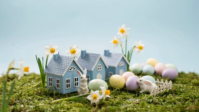 Miniature blue houses on a green mossy surface with colorful easter eggs and small white rabbits surrounded by yellow daffodil flowers against a light blue background