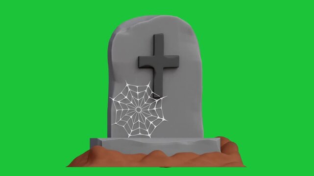 Cartoon 3D gravestone with a cross and a spiderweb in a pile of dirt isolated on a green screen background