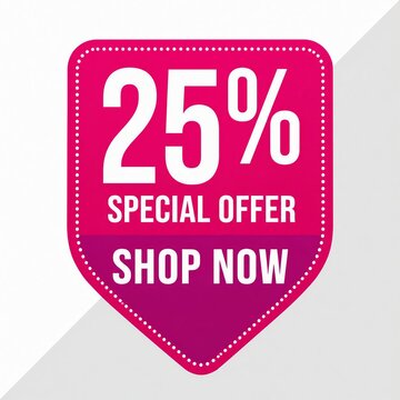Pink special offer discount badge with 25 percent sale and shop now call to action