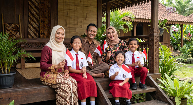 Multi-generational Indonesian family portrait holding red and white flags at traditional Javanese house