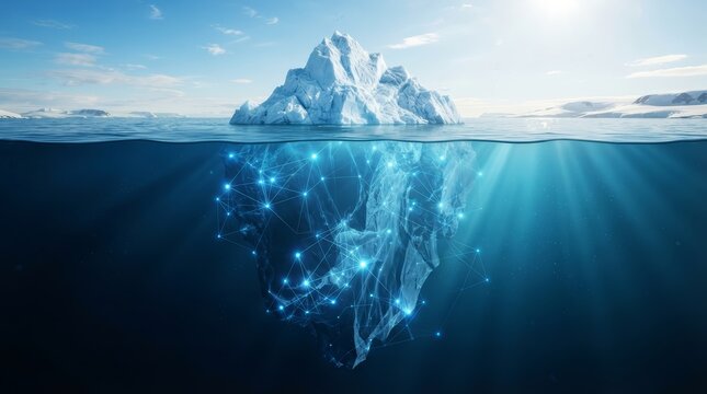 Massive iceberg with a glowing digital network structure submerged in the deep ocean.