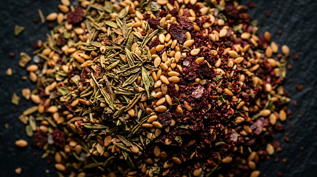 Za'atar Spice Blend Macro Detail &ndash; Dried Thyme Sesame Seeds Sumac Particles Texture Closeup