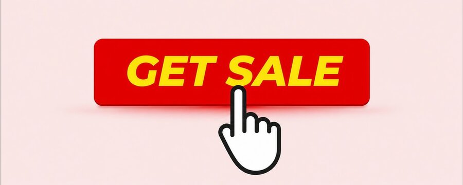 Hand clicking red sale button with get sale text